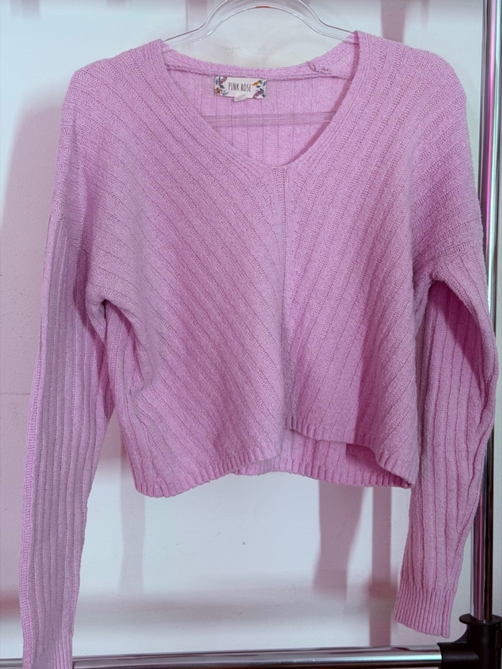 Pink Rose Dusty Lavender Ribbed V-Neck Cropped Sweater